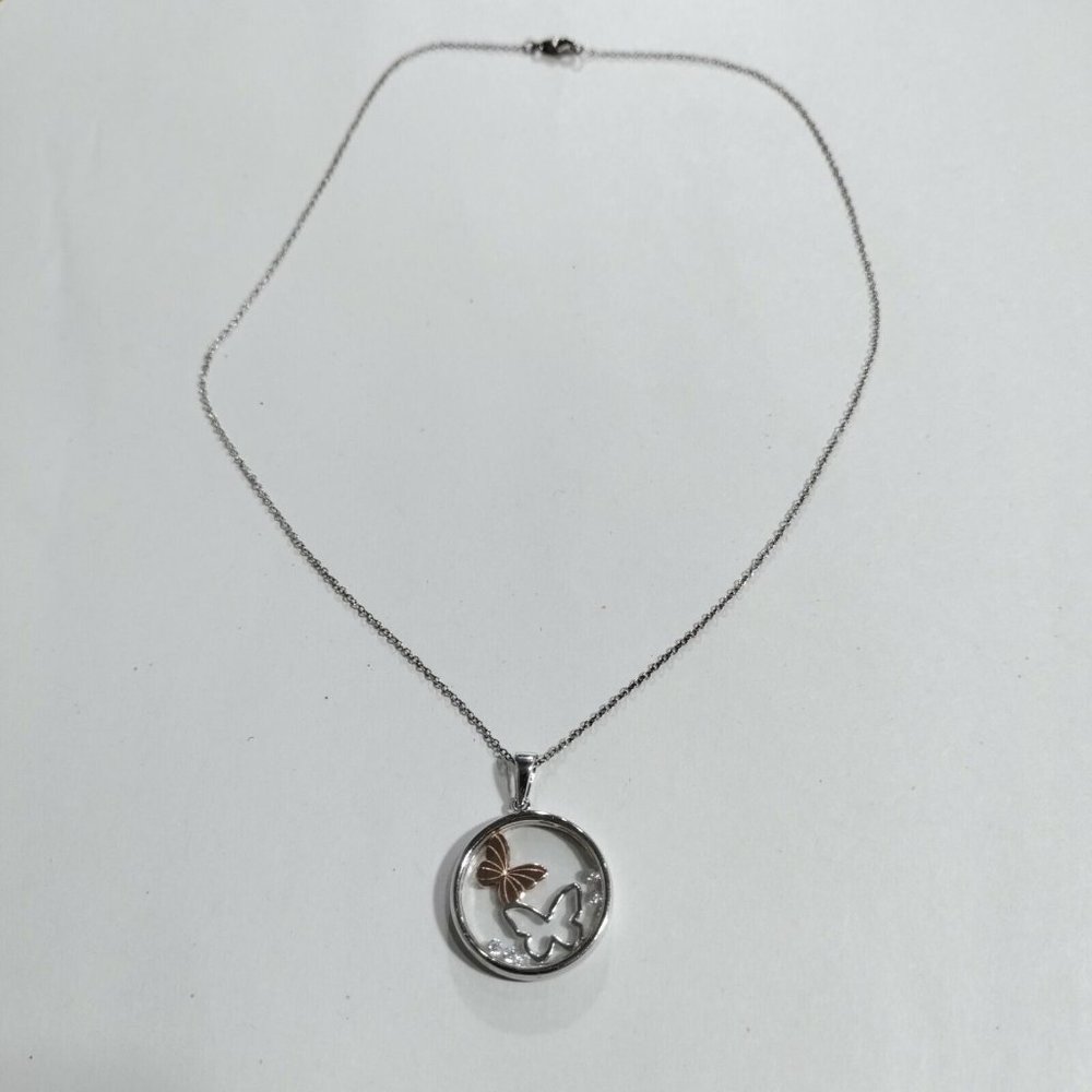 925 Sterling Silver Butterfly Necklace Round Clear Glass Shadowbox Pendant